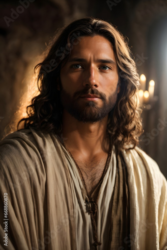 Close up of Jesus looking into the camera with a gentle smile. Halo glow behind his head.