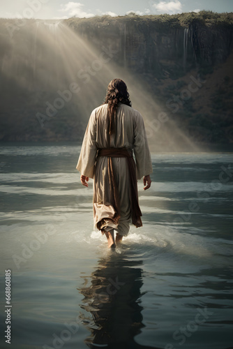Jesus walking on water, seen from the back. Celestial sky in the background.