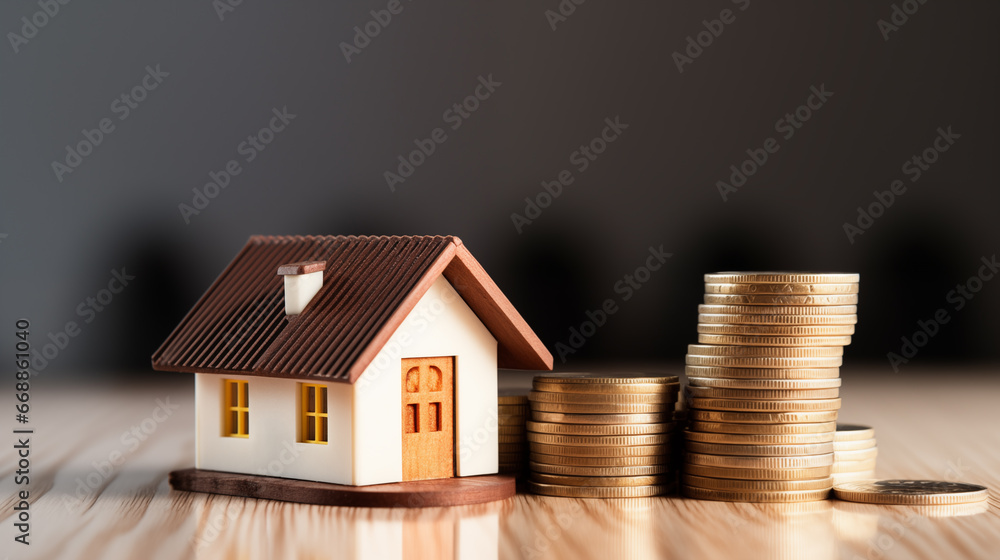 A close-up of a miniature house near a stack of coins symbolizes the importance of saving for a down payment on a home, the American dream. A close-up of a miniature house near a stack of coins symbolizes the importance of saving for a down payment on a home, the American dream.