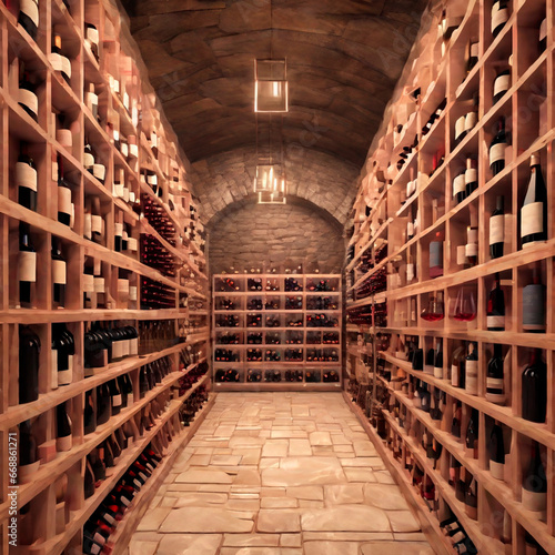 Wine cellar interior with bottles of red and white wine on shelves
