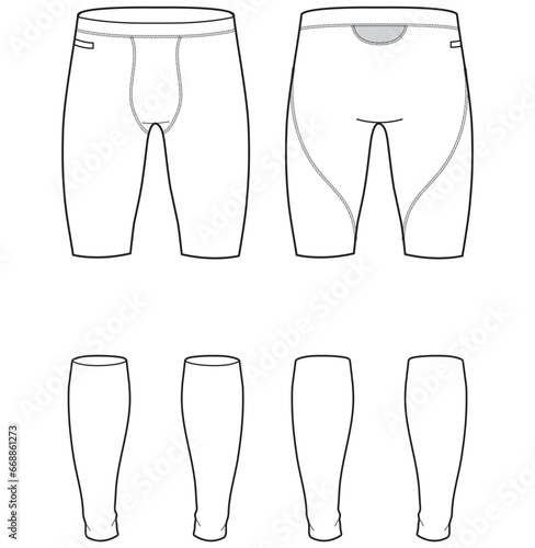 Men's cycling shorts with compression leggings inner tight shorts design front and back view flat sketch fashion illustration drawing, Tights short with calf compression band sketch cad drawing