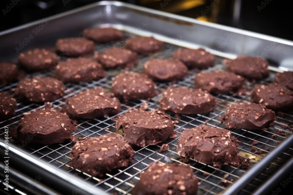 baking tray full of raw chocolate biscuits going into an oven baking tray full of raw chocolate biscuits going into an oven