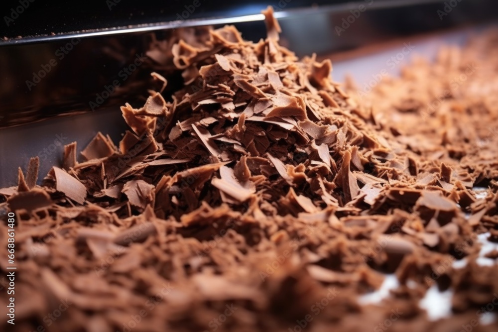 macro shot of chocolate shavings in a confectionery plant