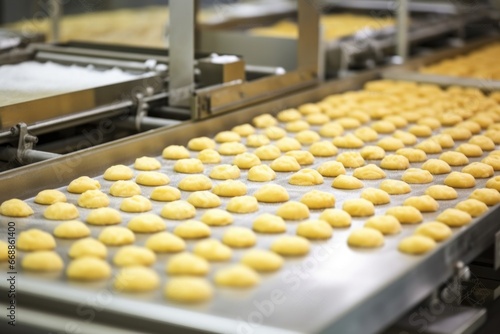 close-up of biscuit dough on a production line