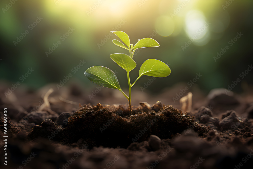 Growing plant. Young tree grows from the rich soil. Small sprout in springtime. Eco concept earth day and enviroment day. Beginnings. Cultivating. Agriculture  - obrazy, fototapety, plakaty 