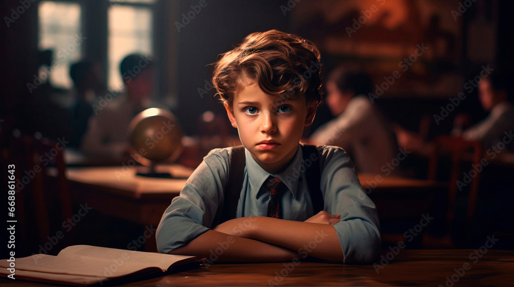 Serious schoolboy with book sits at desk in classroom. Serious schoolboy with book sits at desk in classroom.