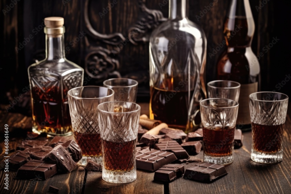 spilled chocolate liqueur under glass bottles spilled chocolate liqueur under glass bottles