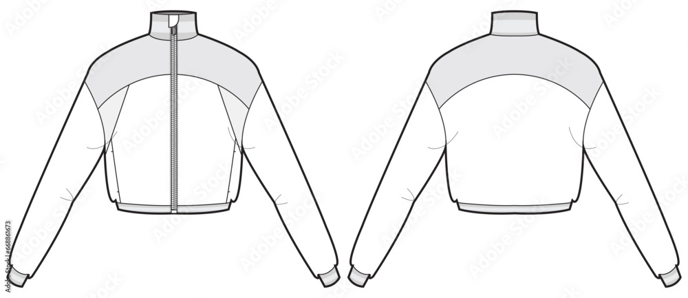 Womens Shell jacket jacket design flat sketch Illustration drawing, Wind breaker jacket with front and back view, winter sport jacket for Men and women. for hiker, outerwear and workout in winter - obrazy, fototapety, plakaty 