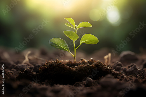 Growing plant. Young tree grows from the rich soil. Small sprout in springtime. Eco concept earth day and enviroment day. Beginnings. Cultivating. Agriculture  photo
