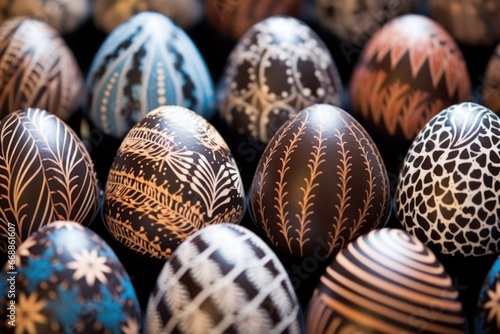 close-up of distinct patterns on dark chocolate easter eggs