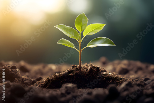 Growing plant. Young tree grows from the rich soil. Small sprout in springtime. Eco concept earth day and enviroment day. Beginnings. Cultivating. Agriculture 