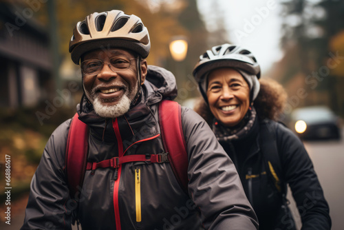 Happy adult laughing african american couple with big smiles riding bikes down the street © Georgii