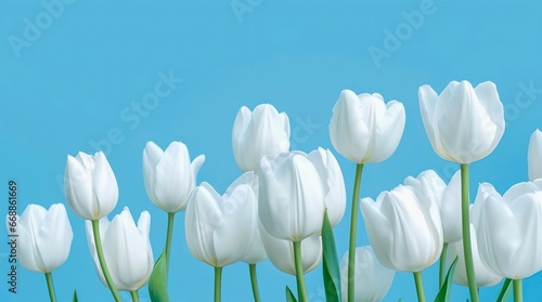 Bouquet of white tulips on pastel blue background.