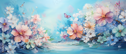 Floral background with blue, pink and yellow flowers.