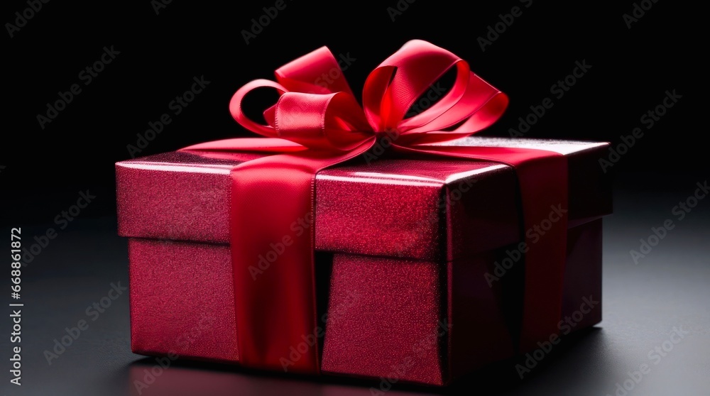 Obraz premium Red gift box on black background.