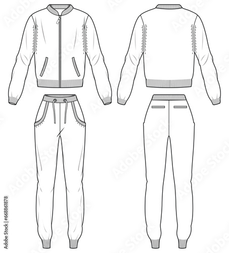 Sports jacket and Jogger bottom design flat sketch Illustration drawing, knitted Sweat jacket and sweat pants with front and back view, winter sport jacket for Men and women.