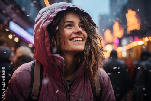 excited young woman under a snowfall on urban winter street
