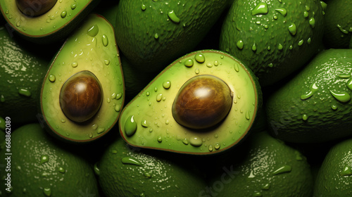 A macro shot of a green avocados with water droplets on it. Avocado is cut in half and whole. Banner or background for different projects. © Infusorian