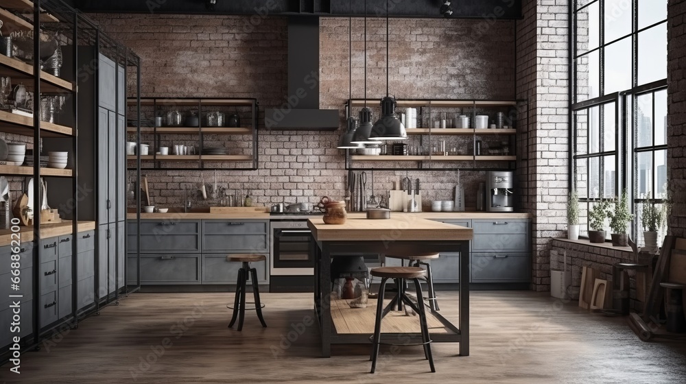 Kitchen in loft style. Wall mockup in loft, kitchen in industrial style ,3d render. Real estate concept. - obrazy, fototapety, plakaty 