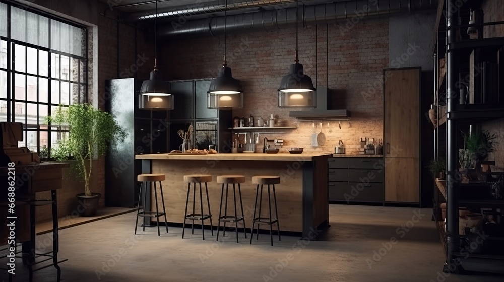 Kitchen in loft style. Wall mockup in loft, kitchen in industrial style ,3d render. Real estate concept. - obrazy, fototapety, plakaty 