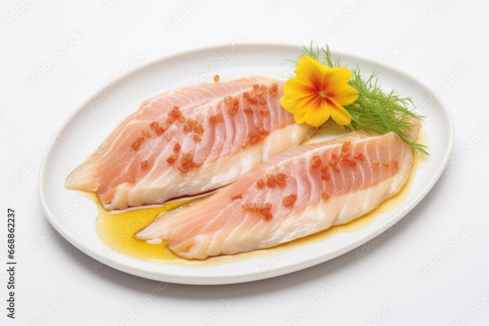 raw fish with marinade on minimalist white dish raw fish with marinade on minimalist white dish