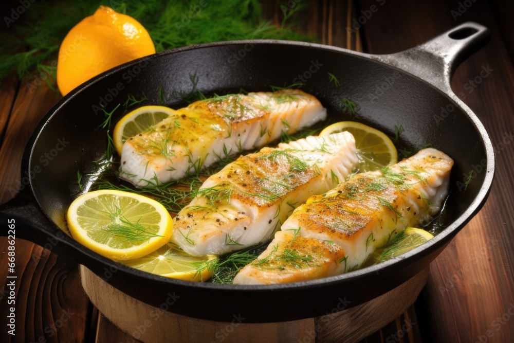 citrus marinated fish fillet in a frying pan citrus marinated fish fillet in a frying pan