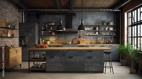 Kitchen in loft style. Wall mockup in loft, kitchen in industrial style ,3d render. Real estate concept. © IC Production