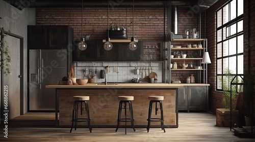 Kitchen in loft style. Wall mockup in loft, kitchen in industrial style ,3d render. Real estate concept. photo