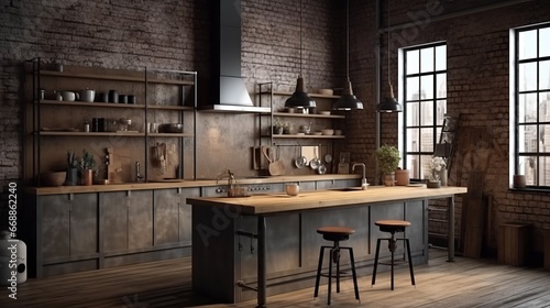 Kitchen in loft style. Wall mockup in loft  kitchen in industrial style  3d render. Real estate concept.