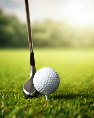 Close up golf club and ball on green grass lawn