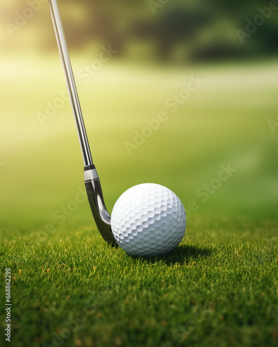 Close up golf club and ball on green grass lawn