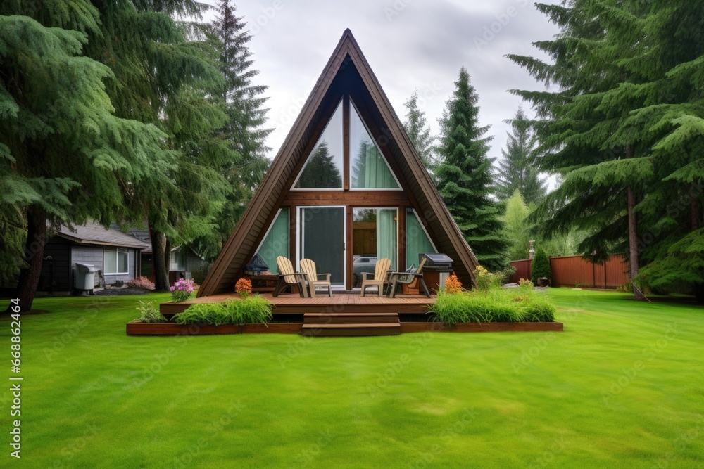 vertical shot: brown wooden cladded a-frame, green lawn in front