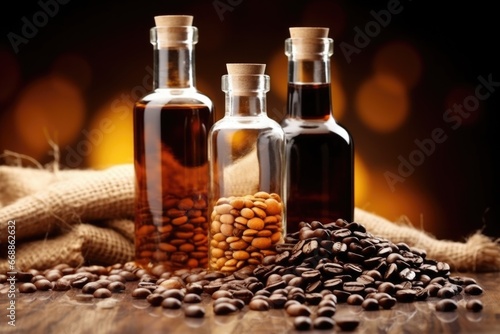 clear syrup bottles with coffee beans backdrop, under soft light