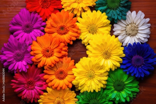 bright flowers organized into a color wheel formation