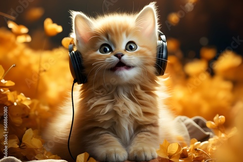 Happy kitten listening to music