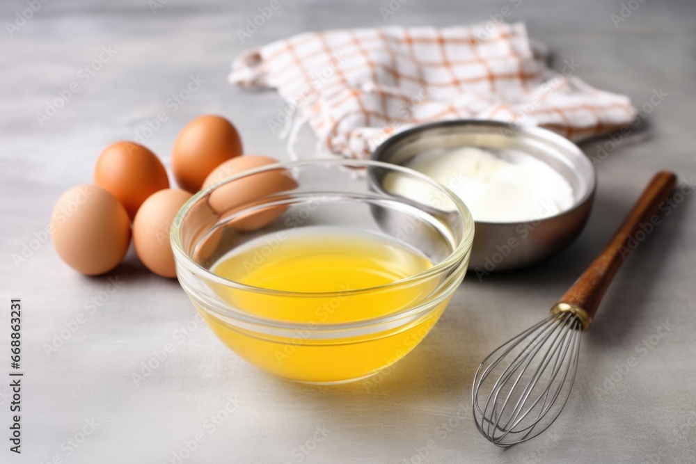 bowl of raw eggs next to a whisk on a kitchen counter