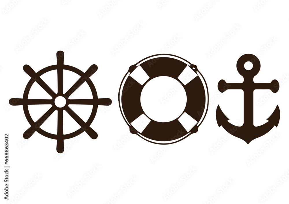 sailor symbols, nautical symbols anchor, sea anchor, life preserver, rudder sailor hat drawing designs - obrazy, fototapety, plakaty 