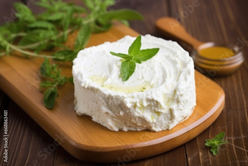 detail shot of cream cheese spread on a wooden surface