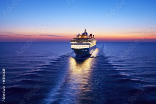 illuminated cruise ship cruising the open sea at twilight