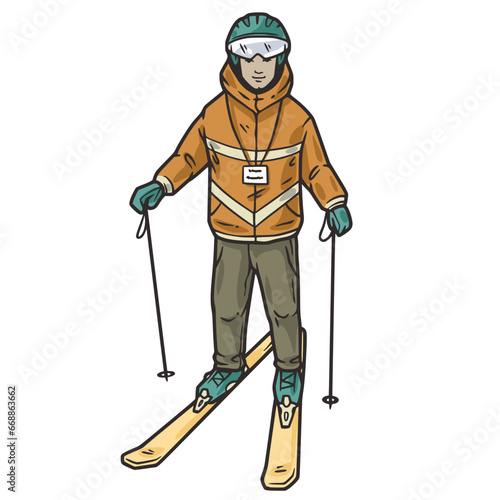 Skier on top of a snowy mountain. Downhill skiing in winter mountains. Sporty skiing on a steep ski slope. Winter sport for ski resort