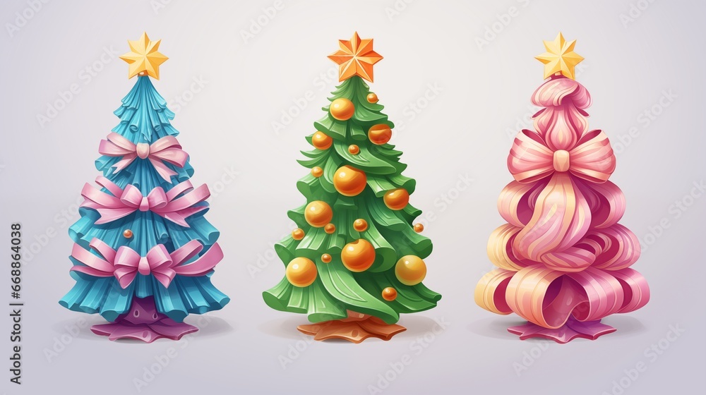 three christmas trees with bows. Fantasy concept , Illustration painting. three christmas trees with bows. Fantasy concept , Illustration painting.