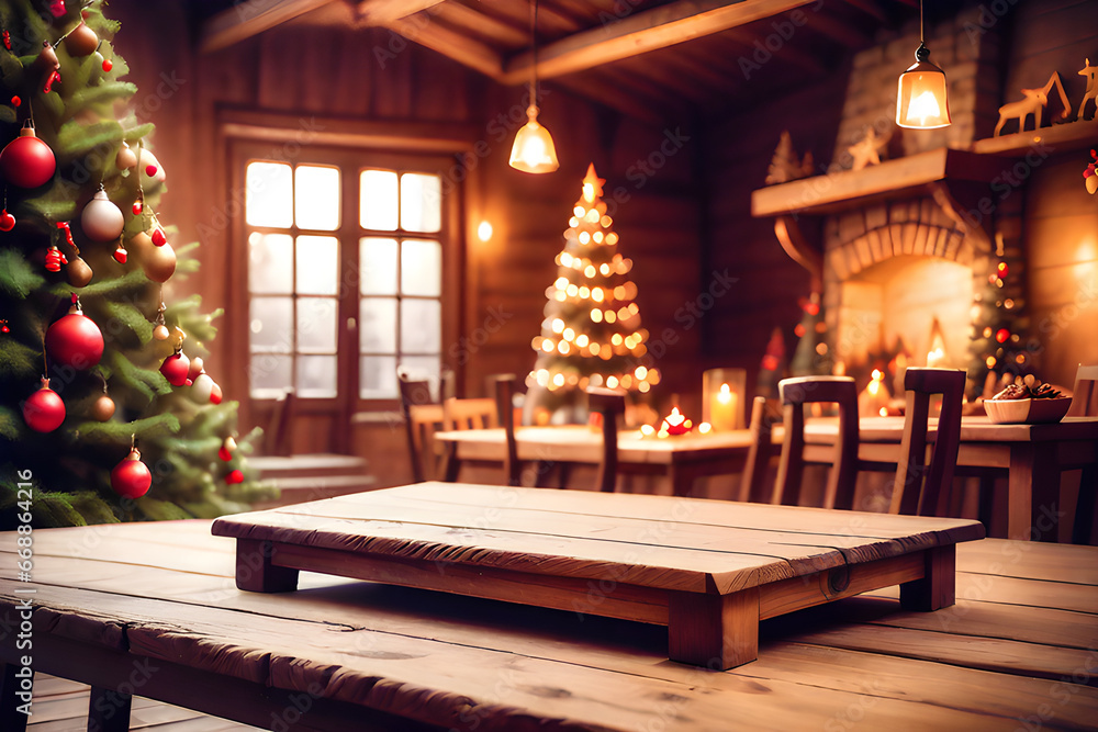 empty wooden table with christmas theme in background mysterious generative ai