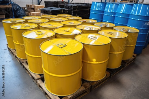 large metal drums used for storing battery chemicals