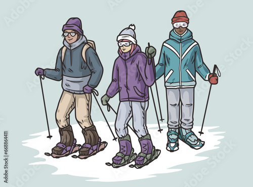 People in snowshoes on top of a snowy mountain. Snowshoeing in winter mountains. Sporty winter hiking or winter sport for ski resort