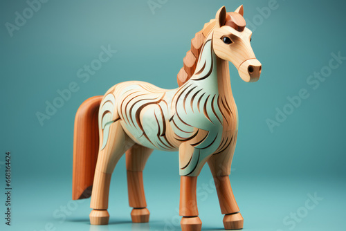 Handmade wooden toy horse on blue pastel background. Generative Ai.