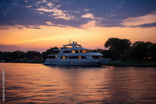 a yacht on the water near a wedding venue at sunset