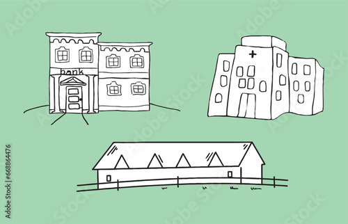 Bank, Protestant church, residential building. Vector, eps