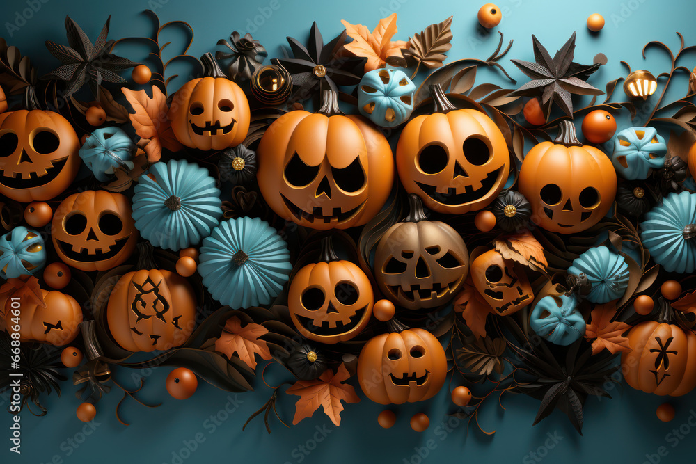 Fototapeta premium Halloween frame with party decorations of pumpkins, bats, ghosts, spiders on blue background from above. Generative Ai.