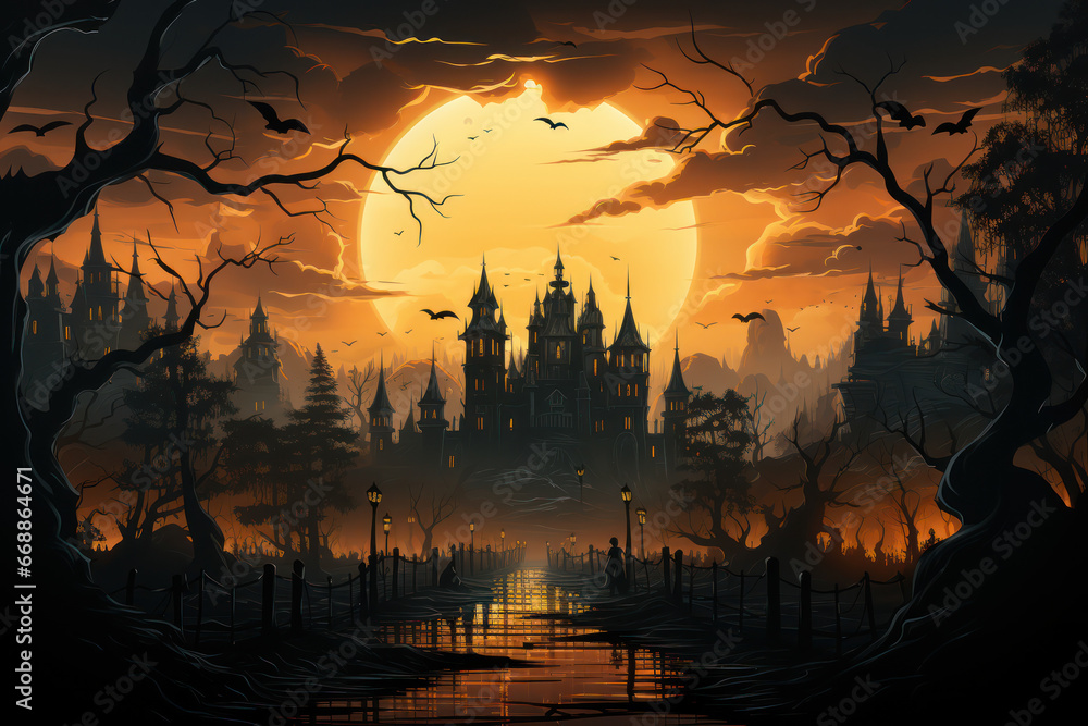 Halloween, City panorama in halloween style. Scary halloween isolated background. Generative Ai. Halloween, City panorama in halloween style. Scary halloween isolated background. Generative Ai.