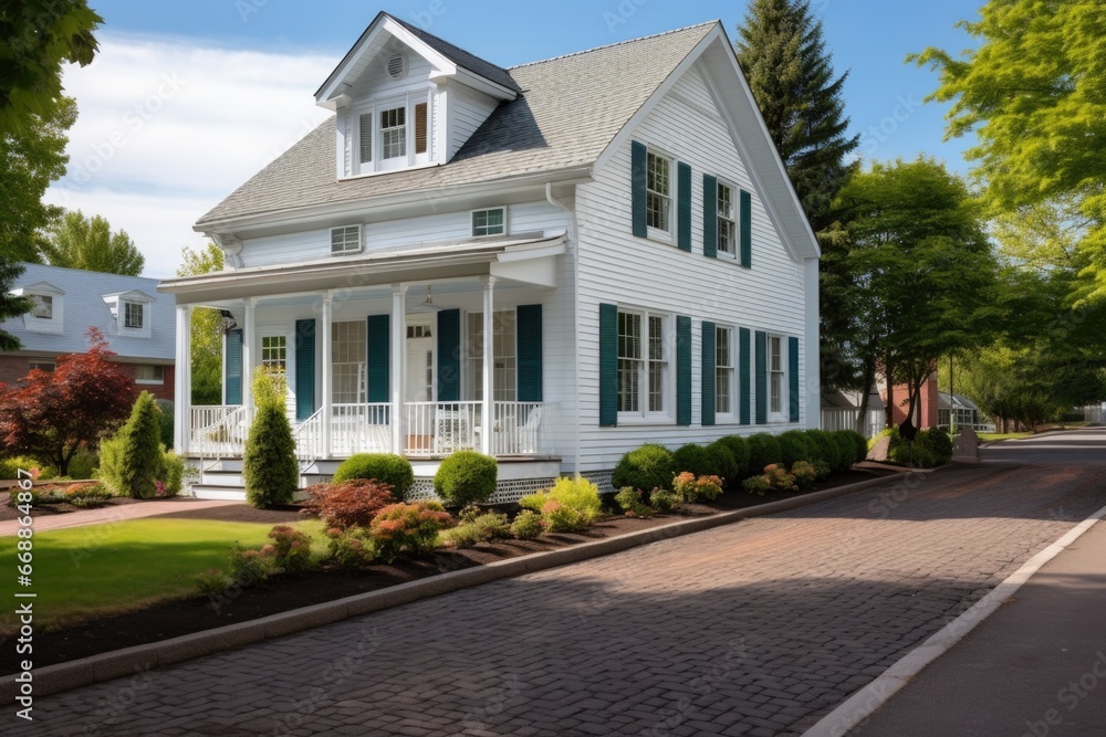 dutch colonial house with a neatly paved driveway